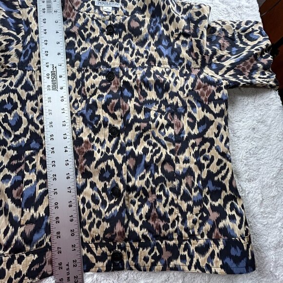 Pendleton Womens Leopard Blouse Button Down Long Sleeve Medium Petite Brown Silk - Picture 8 of 8